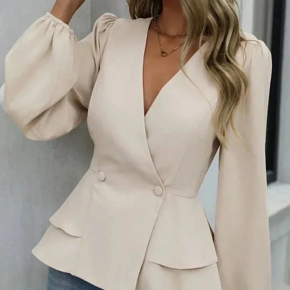 Tops - Khaki Elegant Women's V-Neck Double-Breasted Wrap Long Sleeve Blouse